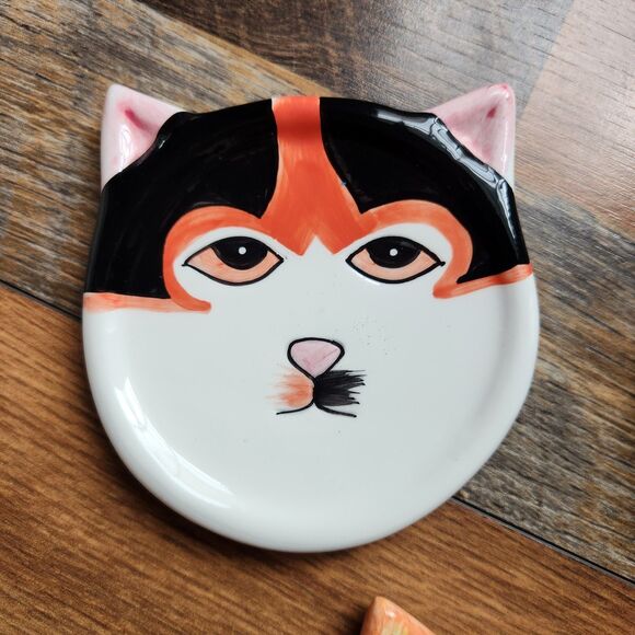 VTG 2001 Bandwagon 3 Kitty Cat Face Ceramic Coasters Spoon Rest/Soap Dish Calico - Picture 2 of 6